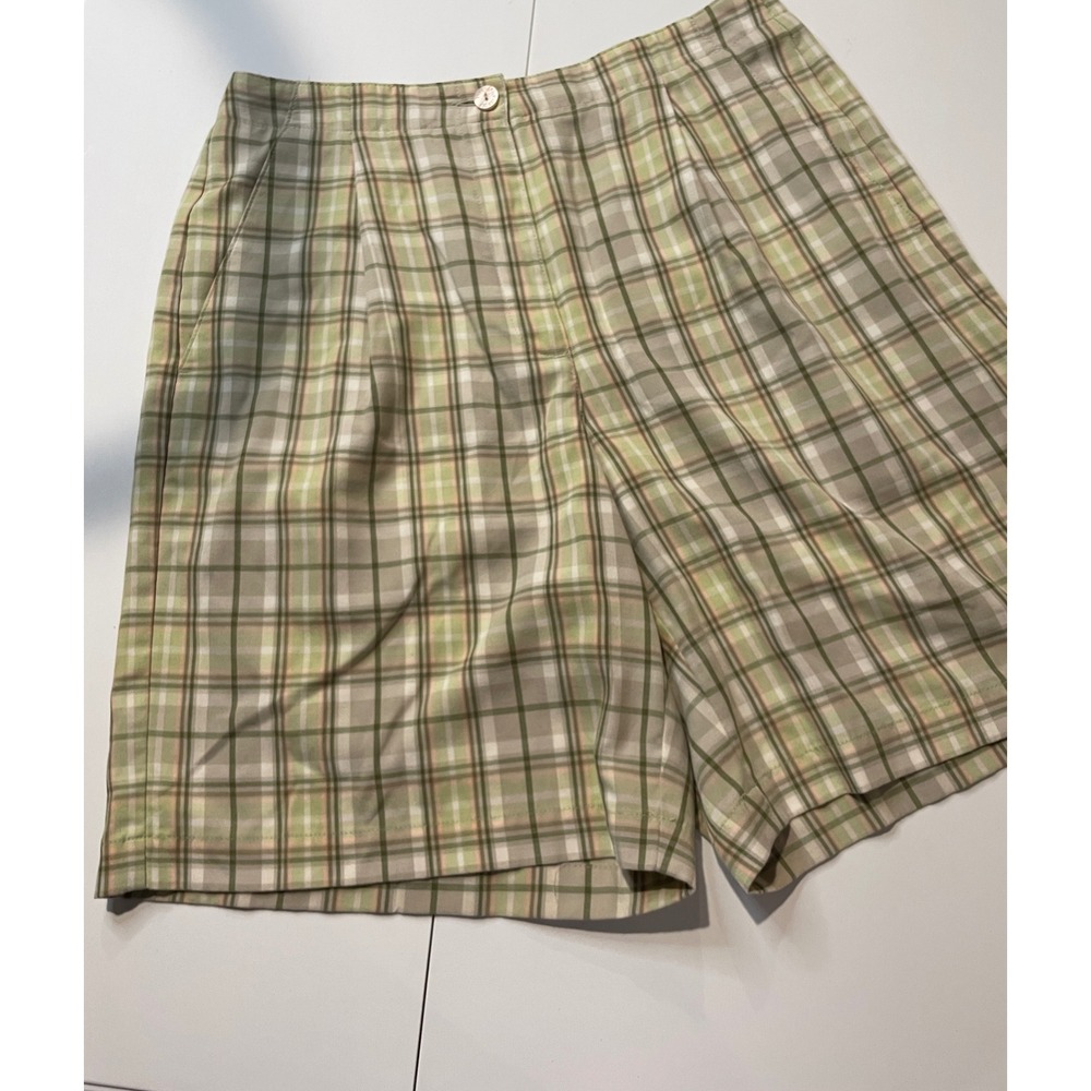 LizGolf Liz Claiborne Green Plaid Pleated Shorts Womens 8 High Rise Rayon Blend